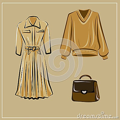 Clothes and bags. Coats and dresses, skirts and blouses, trousers and jeans, backpack and briefcase, handbags. Fashion. The basic Vector Illustration